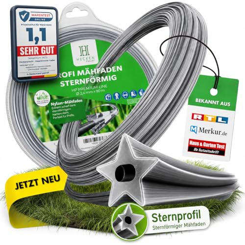 Heckenpracht® Profi Rasentrimmer Faden 3mm ⌀ x 50m sternförmig für Rasentrimmer & Freischneider | Extrem scharf | Profi Nylon Faden | Mähfaden für Rasentrimmer | trimmerfaden für Motorsense