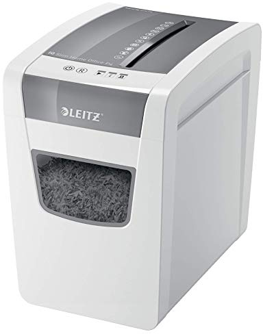 Leitz IQ Aktenvernichter Home Office Slim, schlankes Format, 12-10 Blatt (70-80 g/m²), TÜV+GS zertifiziert, Partikelschnitt, Sicherheitsstufe P4, 23L Abfallbehälter, Schredder für Büro, Weiß, 80010000