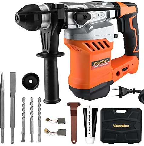 ValueMax Bohrhammer SDS-Plus 1600W, 6 Joule Abbruchhammer, Im Beton 32mm | Bohrmaschine Betonhammer, 3 Modi und 4 variabler Geschwindigkeit, inkl. 3 SDS Plus Hammerbohrer/Spitz-und Flachmeißel/Koffer