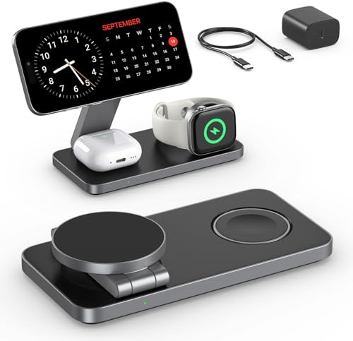 Induktive Ladestation Kompatibel mit Magsafe Ladegerät,QTlier 3 in 1 iPhone Ladestation für Air 17/16/15/14/13/12 Serie,20W Wireless Charger für Apple Watch 10/9/8/7/6/5/4/3 und AirPods (Tief Schwarz)