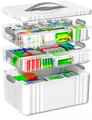 OrderlyGo Medikamenten Aufbewahrung, 3 Stöckige Hausapotheke, Hausapotheke Box mit Tragegriff, Inkl. Portable Organizer, 34.1 * 22 * 24.5 cm Medikamentenbox Groß für Zuhause, Büro, Schule (Grau)