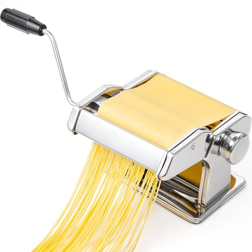 Pastamaschine aus Edelstahl, manuelle Nudelmaschine mit 9 Teigstärken & 2 Schnittbreiten für Spaghetti, Tagliatelle, Lasagne, Fettuccini (Silber)