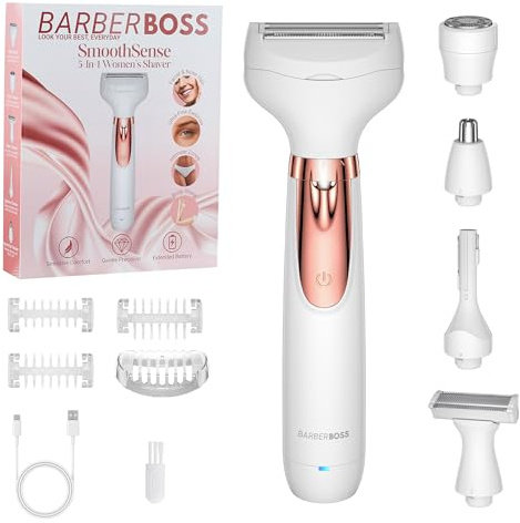 BarberBoss 5-in-1 Damen Elektrorasierer, Ladyshaver, QR-8005 | Wiederaufladbar, Nass und Trocken, Bikinizone, Gesicht, Nasen und Augenbrauentrimmer, Kabelloser Ladyshaver
