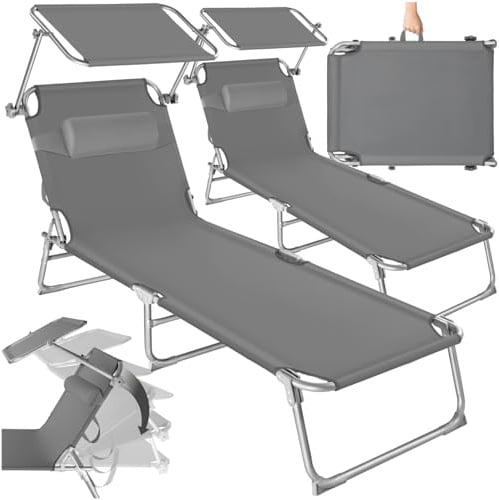 tectake 2er Set Sonnenliege - leicht und klappbar, leichte Liege für Camping und Garten, Perfekter Liegestuhl mit Dach, transportable und zusammenklappbar mit Griff