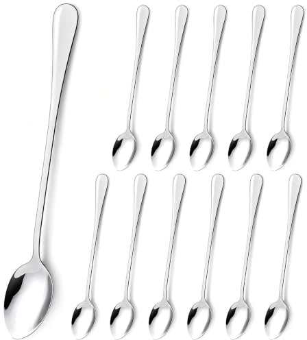 LLCS® 12 Stück Latte Löffel Lang Set, Lange Löffel Edelstahl, Eislöffel | 19,5 cm Latte Macchiato Löffel, Spülmaschinenfester Dessertlöffel für Eiskaffee Eistee Milchshake Eisbecher kühles