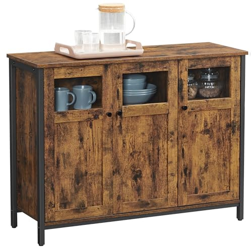 VASAGLE Sideboard, Küchenschrank mit Glastüren, Stahlrahmen, Industriestil | Aufbewahrungsschrank, für Wohnzimmer, Küche, Esszimmer, Rustikales Braun und Mattschwarz, DAXTON Kollektion LSC099B01