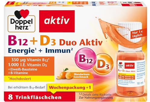 Doppelherz B12 + D3 Duo Aktiv – Mit Vitamin B12 und D3 zur Unterstützung einer normalen Funktion des Immunsystems – 8 Trinkfläschchen, 91.1 grams