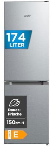 Comfee‘ Kühlschrank mit Gefrierfach RCB169DS2(E) | 174L Kühl-Gefrierkombination (115L Kühlteil + 59L Gefrierteil), 150 cm Höhe | 195 kWh/Jahr, Low Frost, Leise 39 dB | LED-Licht | Freistehend, Silber