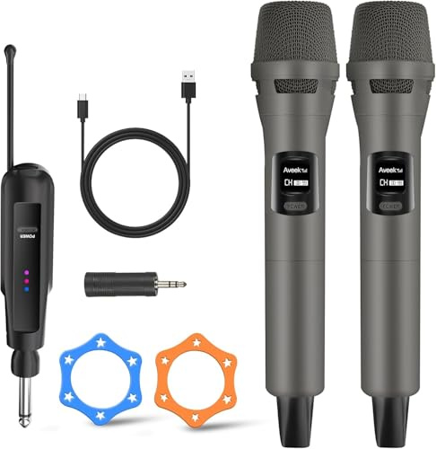 Aveek Kabelloses Karaoke Mikrofon Set, Professionelle Funkmikrofon Set 2.4G, Wiederaufladbar mit USB-C, 6,35mm/3,5mm Anschluss, Plug & Play für Lautsprecher, Party, Gesang, 30m Reichweite, 2er Set