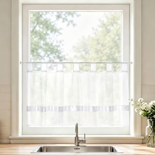 Joyswahl Scheibengardine Voile Bistrogardinen mit Satinband, Schlaufen »Julie« Küche Kurzgardine HxB 60x120cm Weiß 1er Pack