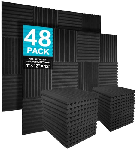 JBER 48 stück Akustikschaumstoff Akustikpaneele, Akustikschaumplatten | Schallschutzplatten Schaumstoffplatte für Aufnahmestudio, Heimbüro, Schlafzimmer, Spielzimmer, 2,5 x 30 x 30 cm, Schwarz