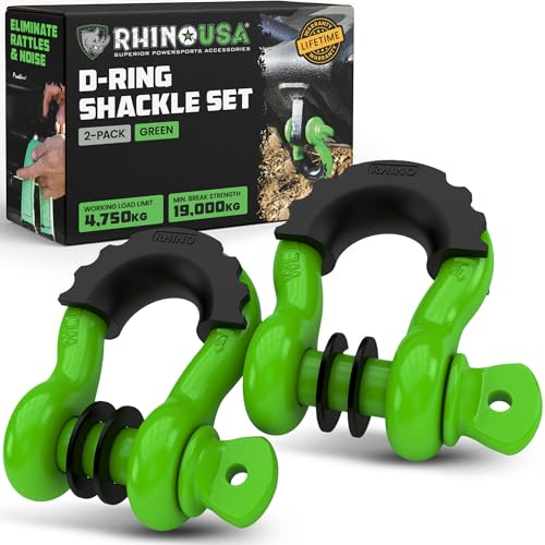 Rhino USA D-Ring Schäkel (2 Stück) – 18.983kg Bruchfestigkeit – Schwerlast 1,9 cm Augbolzen Schäkeln mit 2,2 cm Bolzen für Abschlepp und 4X4 Einsatz – Paar mit Abschleppgurt für Fahrzeugbergung (Grün)