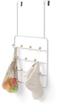 Umbra Estique Türgarderobe ohne Bohren, 14 Haken Stahl, Weiss/Natur | Holzkugeln schützen empfindliche Gegenstände, Klapphaken für Wand oder Tür, max 4,4 cm Türstärke, minimalistisches Design