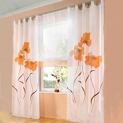 SIMPVALE 2 stücks Gardinenschal Gardine Print Blumen Vorhang für Wohnzimmer Schlafzimmer Schlaufenschal Breit 150cm (Höhe 145cm, Orange)