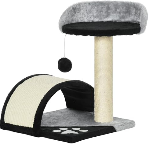 PawHut Kratzbaum 46 cm Kleiner Katzenturm mit Höhle, Spielball Schwarz | Sisal-Seil, Erhöhte Plattform, Katzenkratzbaum, Klein Kletterbaum, für Katzen bis zu 4 kg