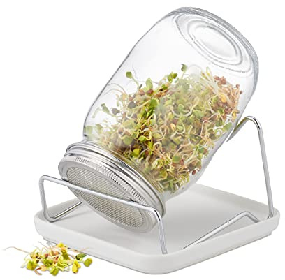 Relaxdays Sprossenglas, mit Ständer & Keramikschale, Keimglas für Sprossen, 850 ml, zur Sprossenanzucht, transparent