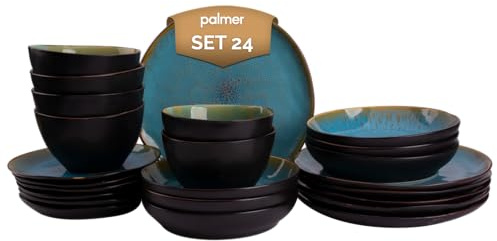 Palmer Geschirrset Lotus Steingut 6-Personen 24-teilig Türkis Schwarz