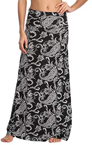 Exchic Maxirock für Damen, Bohemian-Stil, mit Druck, einfarbig, elastischer Taillenbund, lang