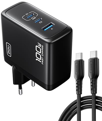 INIU USB C Ladegerät, 100W 3-Port Laptop Schnellladegerät mit USB C Kabel, GaN Mehrfach Netzteil für MacBook Air Pro, iPad, iPhone 17 16 15 Pro Max, Samsung Galaxy S25 S24 Ultra, Pixel, Switch 2 etc