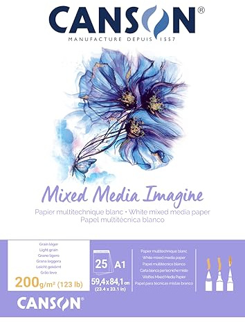 CANSON Imagine, Mixed Media Papier, leichte Körnung, 200 g/m², an der kurzen Seite geleimter Block, DIN A1, 59,4 x 84,1 cm, Naturweiß, 25 Blatt