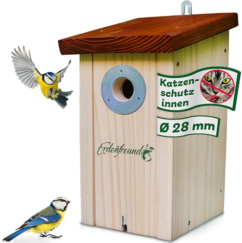 ERDENFREUND® Meisen Nistkasten 28mm Katzen-/Marderschutz innen Nistkasten für Vögel mit pickfestem Spechtschutz aus rostfreiem Metall