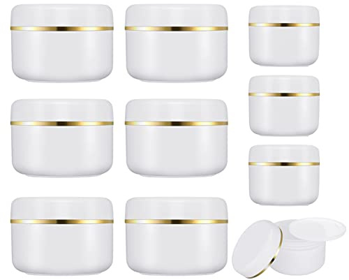 AUXSOUL 10 Stück Cremedosen zum Befüllen 100ml & 50ml Leer Tiegel für Creme | Weiß Kunststoff Kosmetikdose mit Goldband, Kosmetikbehälter Leerdose für Make-up-Cremes