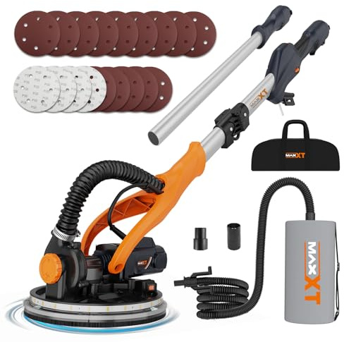 MAXXT 820W Trockenbauschleifer mit Ring-LED-Beleuchtung | Klappgriff + Verlängerungsrohr(bis 165cm) | 215mm Schleifplatte & 225mm Schleifpapier | 600-1900 U/min | six dust bag