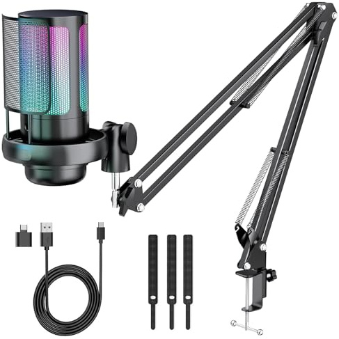 LACITENY Gaming Mikrofon PC mit Arm, USB Mikrofon Plug & Play, Kondensatormikrofon mit RGB LED/Mute für Streaming, Podcast, YouTube, Home Office, Meeting, inkl. 3 Kabelbinder & USB-C Adapter