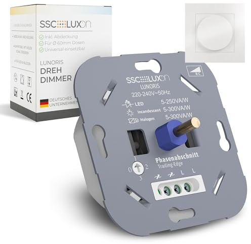SSC-LUXon LUNORIS Drehdimmer Unterputz LED 5-250W Phasenabschnitt 230V weiß | Universal-Drehdimmer für LED & Halogen - stufenlos & flackerfrei, Phasenabschnitt, für Unterputzdose 60mm, inkl. Abdeckung