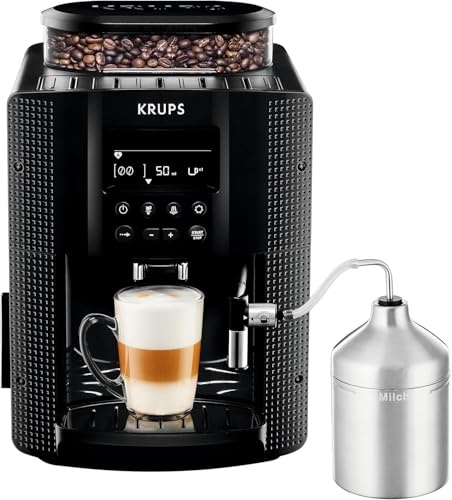 Krups Essential Kaffeevollautomat mit Milchschlauch, 2-Tassen-Funktion, LCD-Display, Einfache Reinigung, Kaffeemaschine, TÜV-Siegel, Schwarz, EA816031
