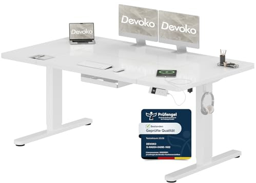 Devoko Höhenverstellbarer Schreibtisch 160x80cm mit Typ-C Ladeanschluss, Mobiler Elektrisch Computertisch mit Kabel Management Tray und 3-Funktions-Memory, Weiß