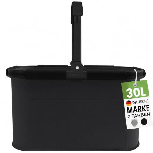 Cottara® 30L Einkaufskorb groß V1 – stabiler Tragekorb mit Henkel, Schwarz | Verstärkter Boden, Frontfach und Innentasche mit Reißverschluss – vielseitig als Einkaufstasche, Picknickkorb oder Shopper