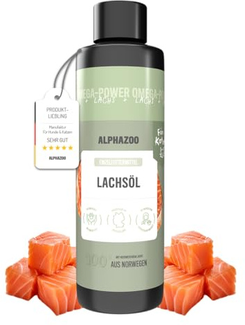 alphazoo Lachsöl für Katzen 250ml – Natürliches Ergänzungsfuttermittel zur Unterstützung von Haut, Fell & Immunsystem. Reich an Omega-3, -6 & -9 Fettsäuren. 100% Lachsöl ohne Zusätze