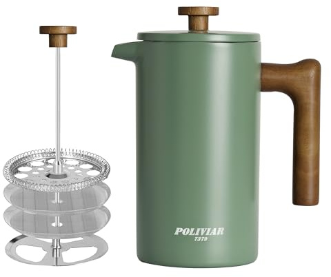 Poliviar French Press Kaffeebereiter 1 Liter/8 Tassen, Doppelwandige Isolierte Kaffeekanne und Teebereiter, Handfilter Kaffeepresse mit Plunger & Griff aus Holz, Flatland (Grün) JX2020-FPN-DE