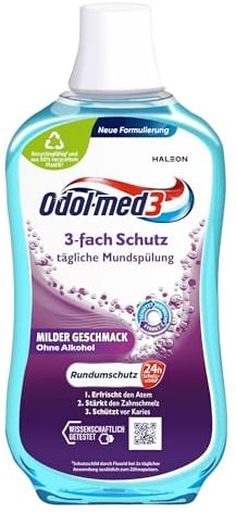 Odol-med3 Mundspülung, 3-Fach Schutz, alkoholfreie Mundspülung, stärkt den Zahnschmelz und erfrischt den Atmen, 500 ml