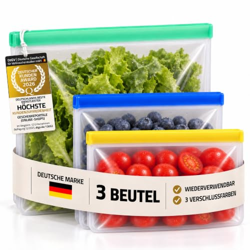 Dimono® Silikonbeutel Wiederverwendbar – 3er Set 750/1000/1800 ml | Zip-Verschluss, luftdicht & auslaufsicher – BPA-frei, spülmaschinenfest, für Meal Prep & Gefrierfach
