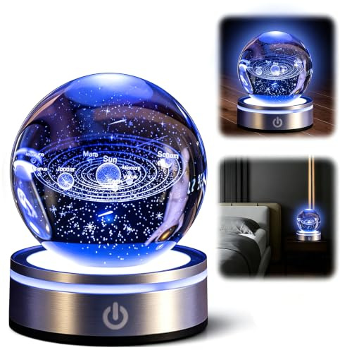 3D Planeten Kristallkugel,3D Kristallkugel Nachtlicht,Sonnensystem Kristallkugel Planeten Lampe,Graviertes Miniatur Modell mit Lampensockel,Leuchtende Kristallkugel Ornament Geschenke für Kinder