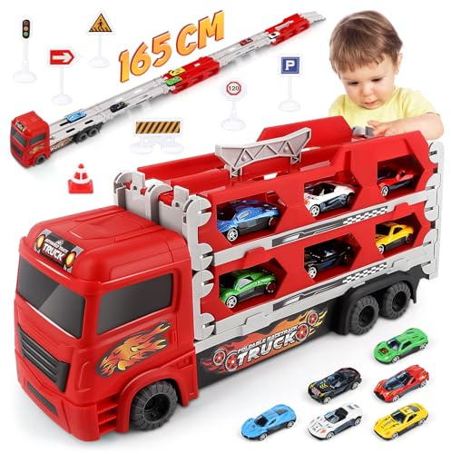 Aoskie Transport Truck Spielzeugautos für Jungen im Alter von 3, 4, 5, 6 Jahren, tragbares Rennbahn Truck Spielzeugauto mit 6 Rennautos, Transporter Fahrzeug Spielzeug Set für Kinder