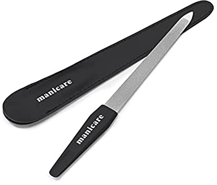 Manicare Saphir-Nagelfeile lang, zweiseitig mit grober und feiner Körnung für natürliche und künstliche Nägel, robust mit Schutzhülle – Maniküre & Pediküre für zuhause und unterwegs