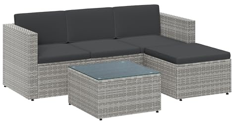 SONGMICS Gartenmöbel-Set, Balkonmöbel aus PE-Polyrattan, Terrassenmöbel, Ecksofa, Outdoor, handgeflochtenes Rattan, Lounge-Set, mit Kissen und Glastisch, Grau GGF005G05