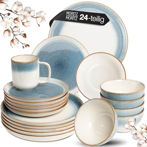 Moritz & Moritz Steingut Geschirrset 6 Personen - 24-tlg. - Robustes Steingut - Tarento - Teller Set aus Steingut - Geschirr Set aus 6x Dinnerteller, 6x Dessertteller, 6x Suppenteller und 6x Tassen