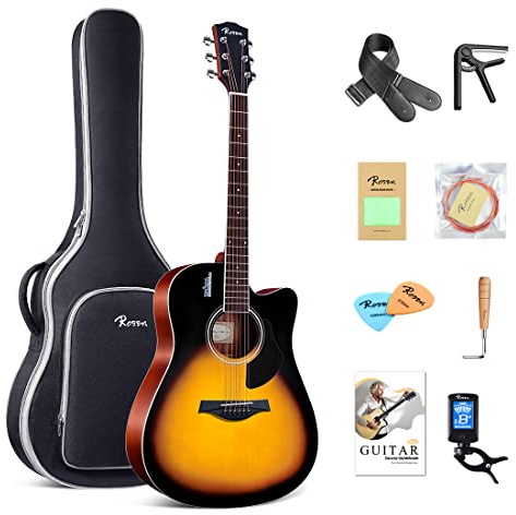Rosen Solid Top Gitarre Dreadnought Akustikgitarre 41 Zoll Fichtengitarre Einsteiger westerngitarre Bundle mit Buch, gepolsterter Tasche, Saiten, Plektren, Stimmgerät, Gurt, Poliertuch, Sunburst