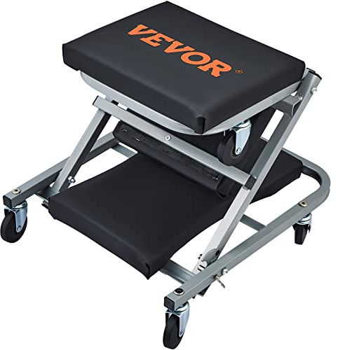 VEVOR 2 in 1 KFZ Werkstatt Rollbrett Werkstattliege, Montageliege Werkstatthocker 915 x 415 x 128 mm Montagerollbrett Sitz, Stahl + Vinyl 360° Lenkrollen Klappsitz bis 136 kg Belastbar Rollliege