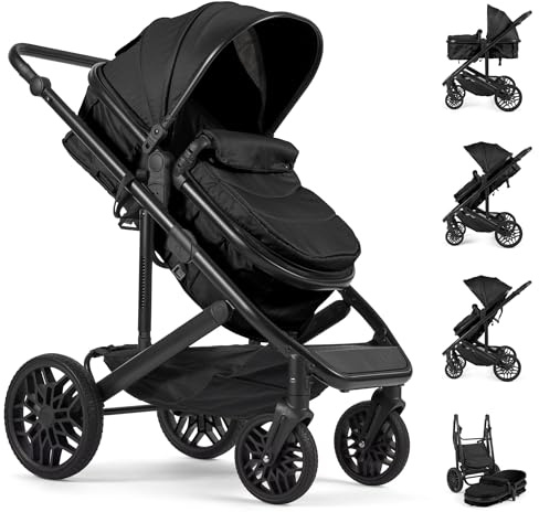 Lejoux™ Avant Baby-Kinderwagen-Reisesystem – Größerer, faltbarer Kinderwagen mit Babywanne, 5-Punkt-Gurt, verstellbarem Sitz, übergroßem Korb und Einhand-Faltung – Schwenkräder und Regenschutz (Black)