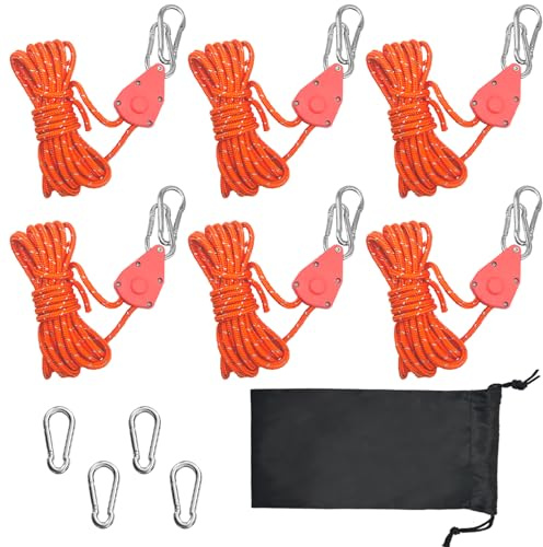 ChilArt 6 Stück Abspannseile mit Seilspanner,4m einstellbare seilratsche mit Haken,4mm Reflektierend Leichte Abspannleine Zeltschnur,für Campingzelte,Sonnensegel, Pflanzenlampe, Grow Light(Orange)