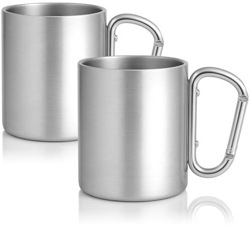 Robin Goods® 2x Edelstahl-Thermobecher mit Karabinergriff - 350 ml je Kaffeetasse - Thermo-Trinkbecher- Kaffeepott bruchsicher - doppelwandige Isolierbecher (2 Stück - Matt/Karabinergriff)