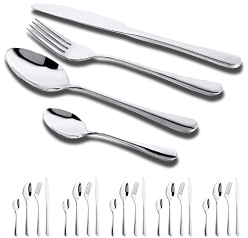 GOODFEER Besteck Set 24-teilig Edelstahl Besteckset für 6 Personen, Silber | 6 Messer, 6 Gabeln, 6 Löffel, 6 Dessertlöffel, Spiegelpoliert, Spülmaschinenfest, Rostfrei