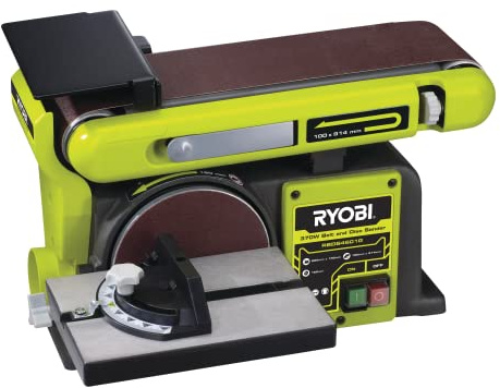 RYOBI 370 W Stand-Bandtellerschleifer (Leerlaufdrehzahl von 2.850 min-1, Winkel von 0 oder 90 Grad, 150 mm Schleifscheibe, Schleifbandlänge 100 x 914mm)