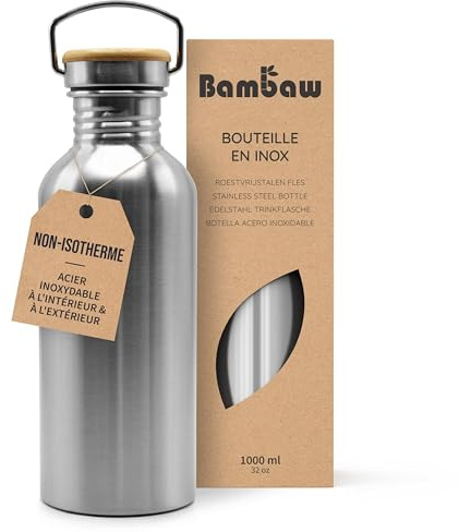 Bambaw Edelstahl, Langlebige Wasserflasche 1l| Wiederverwendbare öko | Für Camping & Lagerfeuer | Metall ohne Plastik | Sportflasche auslaufsicher