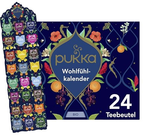 Pukka Bio Tee Geschenkset, Adventskalender, Wohlfühlkalender 2025, Umweltfreundlich, Keine Schokolade, Milchfrei, Geschenkidee, 12 Tee Varianten, 24 Teebeutel